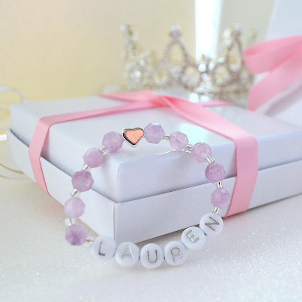 Silver Amethyst Gemstone Bracelet – Personalized Baby, Toddler and Teen Girls Name Bracelet