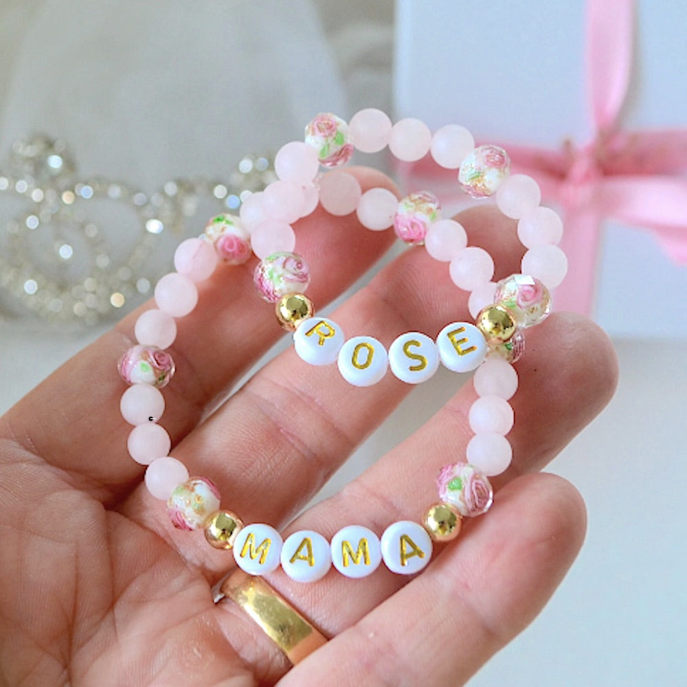 personalized mama and baby rose quartz bracelet set with crystal flower beads
