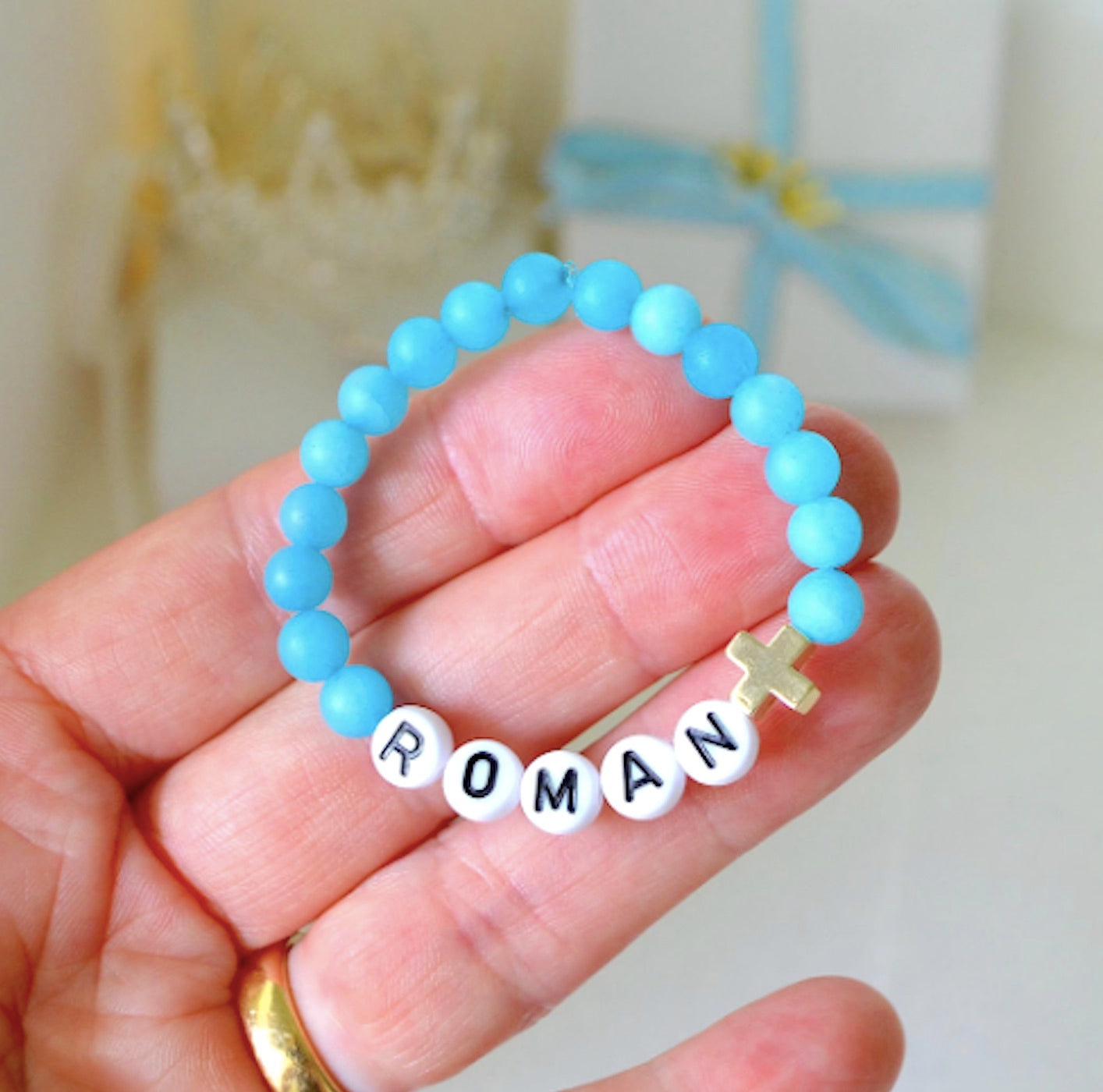 Zealous Blue Jade Boys Gold Cross Bracelet
