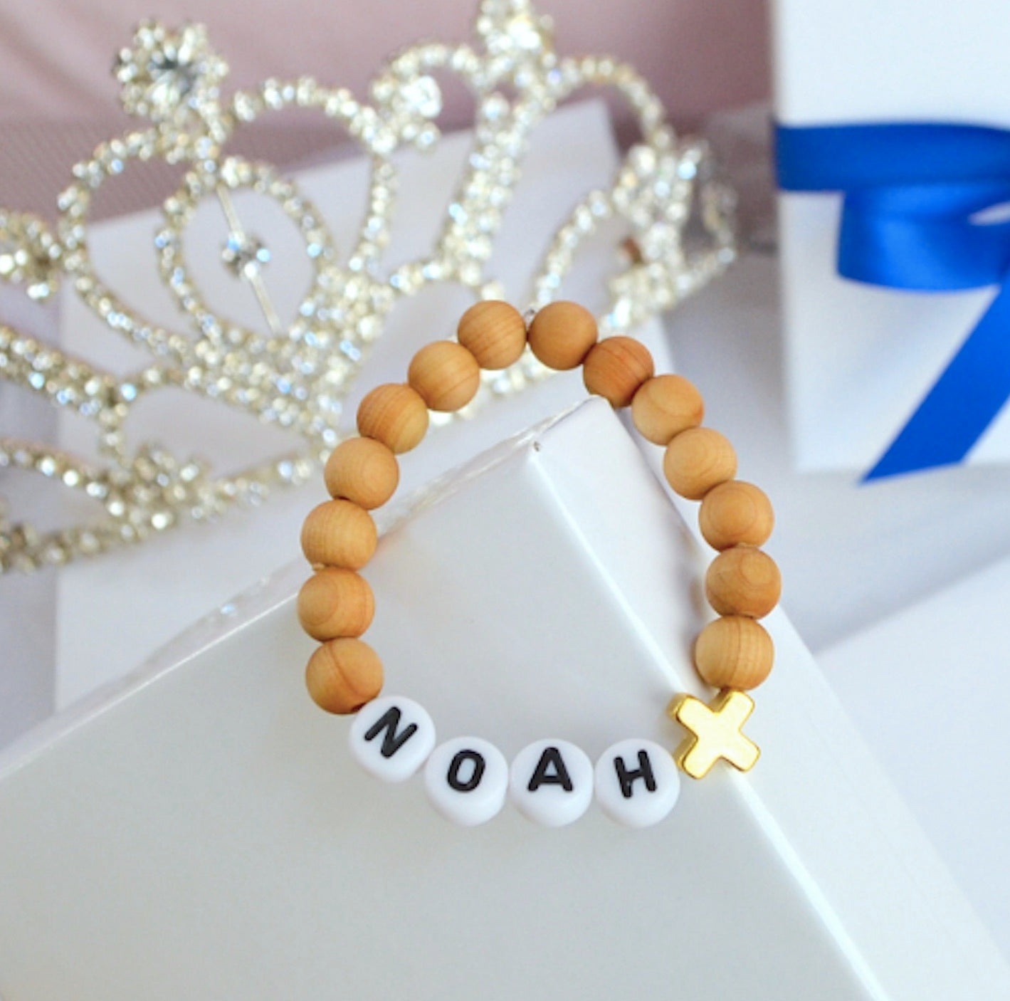 Vibrant Natural Sandalwood Gold Cross Bracelet