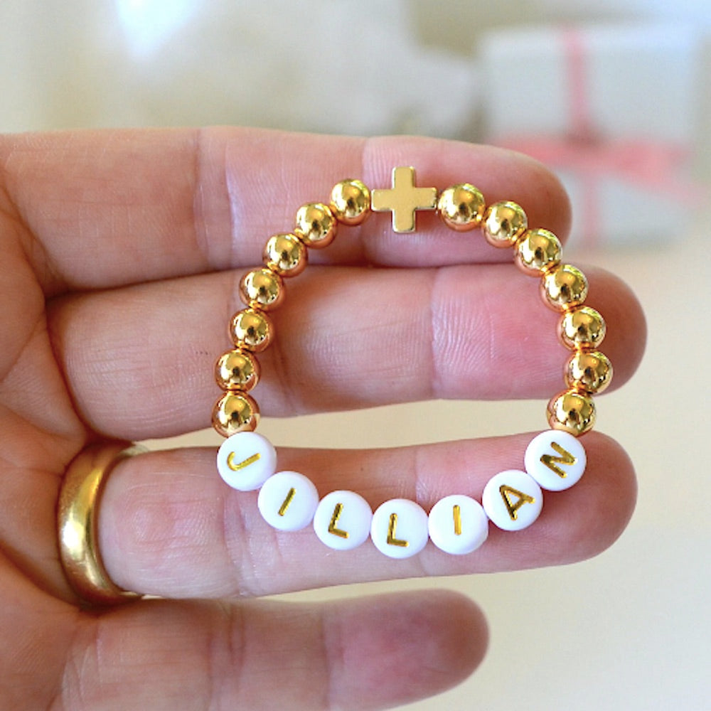 Vibrant 14K Gold Personalized Cross Bracelet
