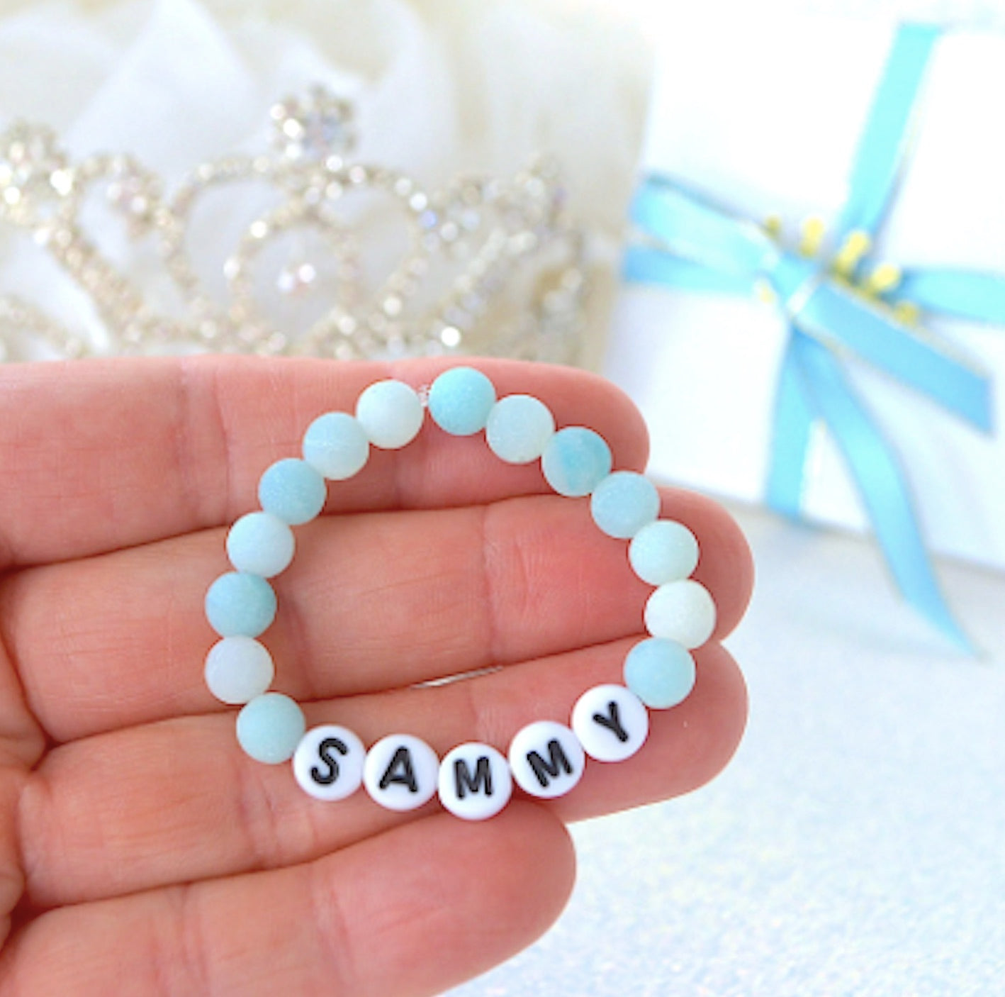 matte blue-green amazonite name bracelet, personalized baby bracelet for boys and girls – perfect gift for baby shower or special occasion