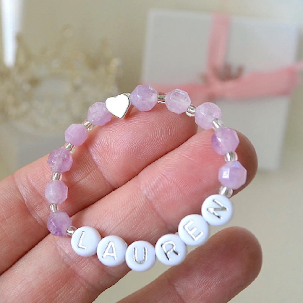 Silver Amethyst Gemstone Bracelet – Personalized Baby, Toddler and Teen Girls Name Bracelet