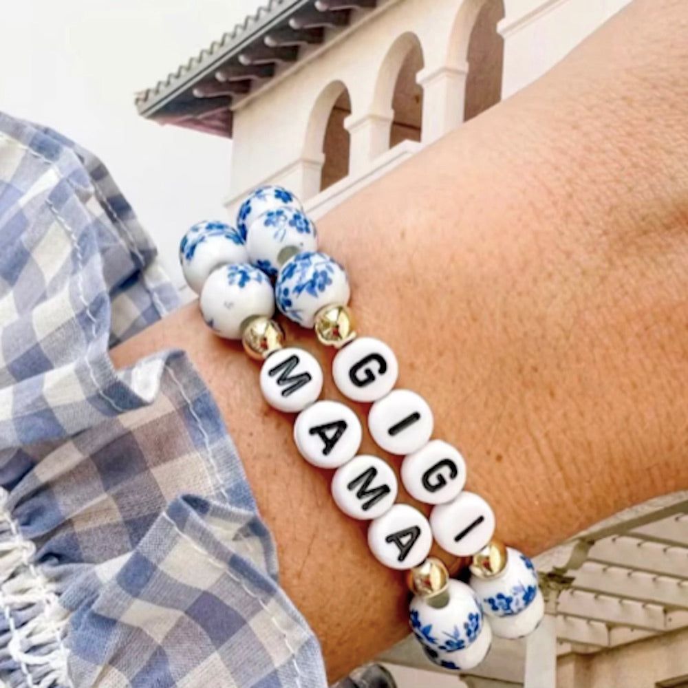 Versatile Blue Floral Mommy and Daughter Porcelain Bracelet Set