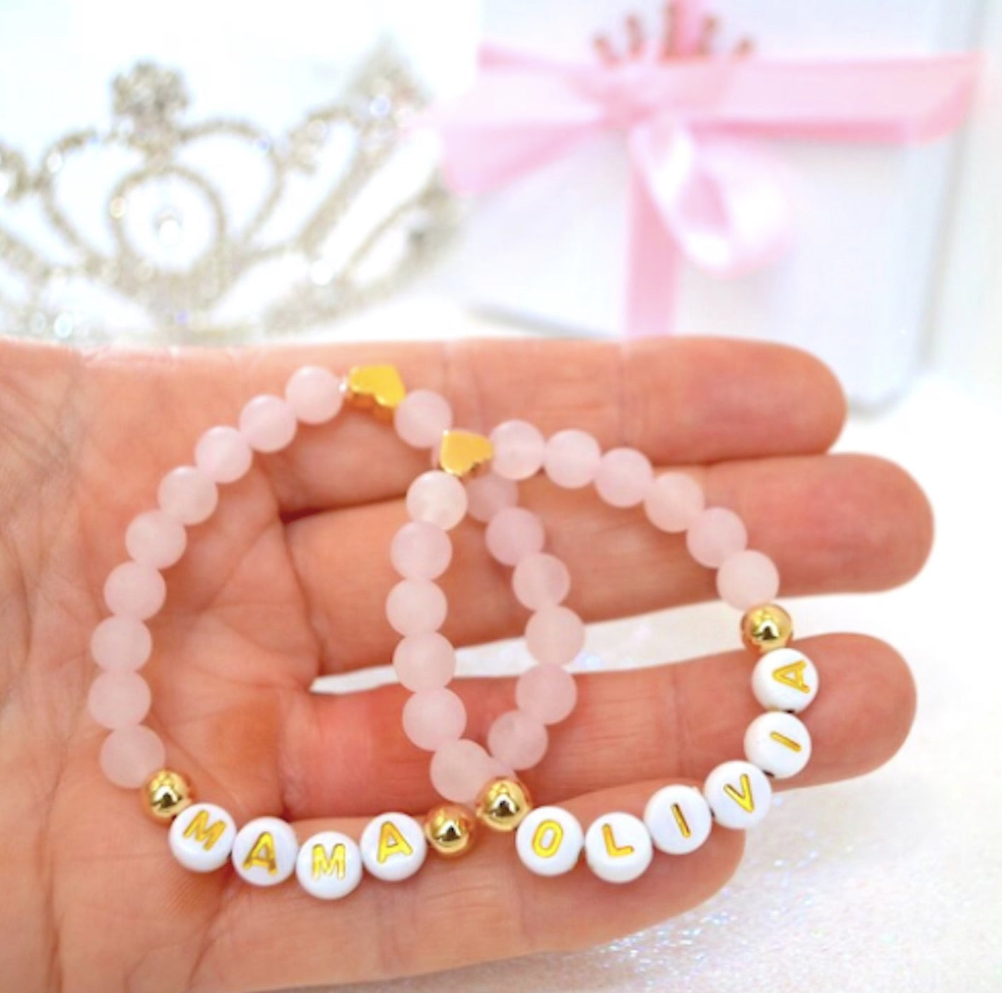 Mama daughter matching gold heart rose quartz gemstone bracelet set for baby and girls