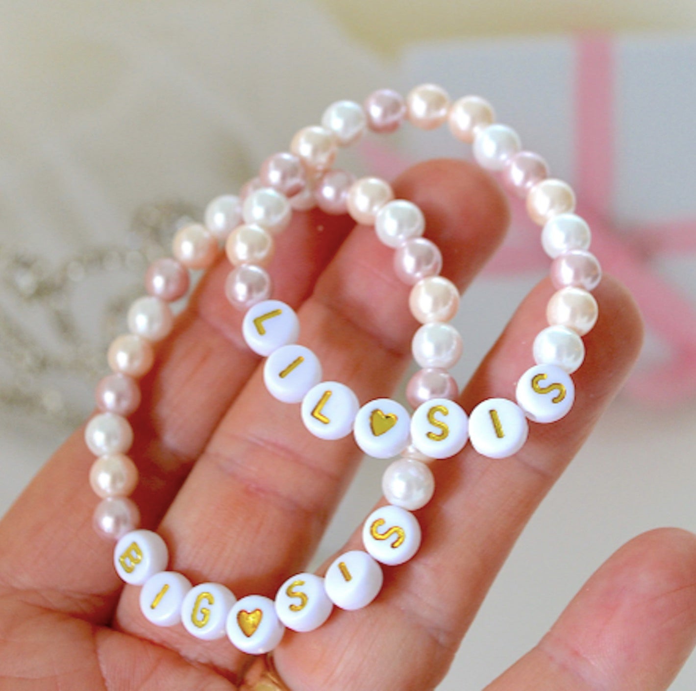 multicolor pink pearls with custom name letters on dainty girls bracelet, perfect gift idea