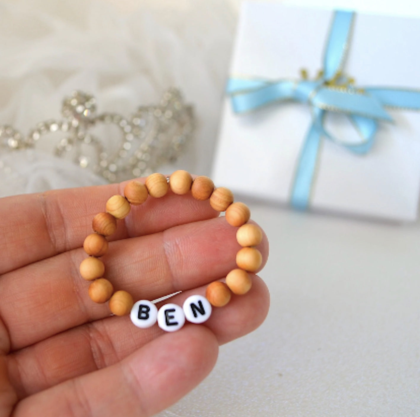 Personalized wooded natural sandalwood name bracelet for baby boys and toddlers, handmade baby shower gift or keepsake jewelry