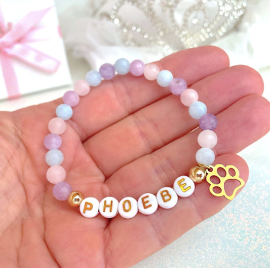 personalized morganite gemstone bracelet with gold paw charm, perfect for girls, women, and dog lovers