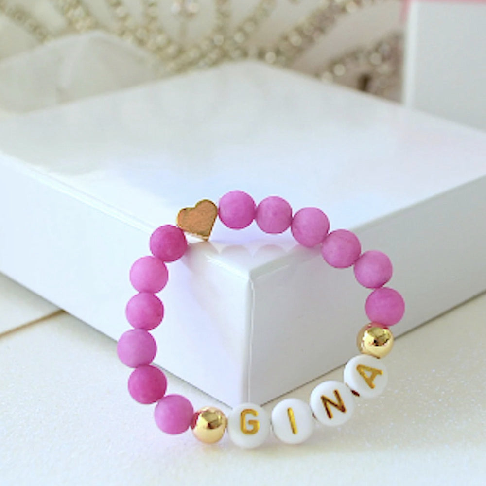 Ultra Bright Matte Purple Jade Gemstone Bracelet with a Gold Heart Accent