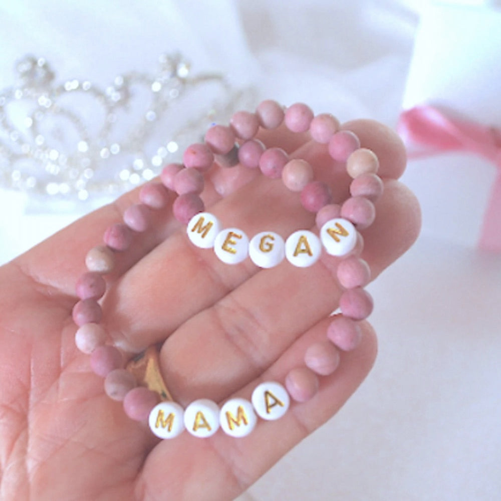 Wonderful Mommy & Daughter Matching Pink Matte Rhodonite Gemstone Bracelet Set