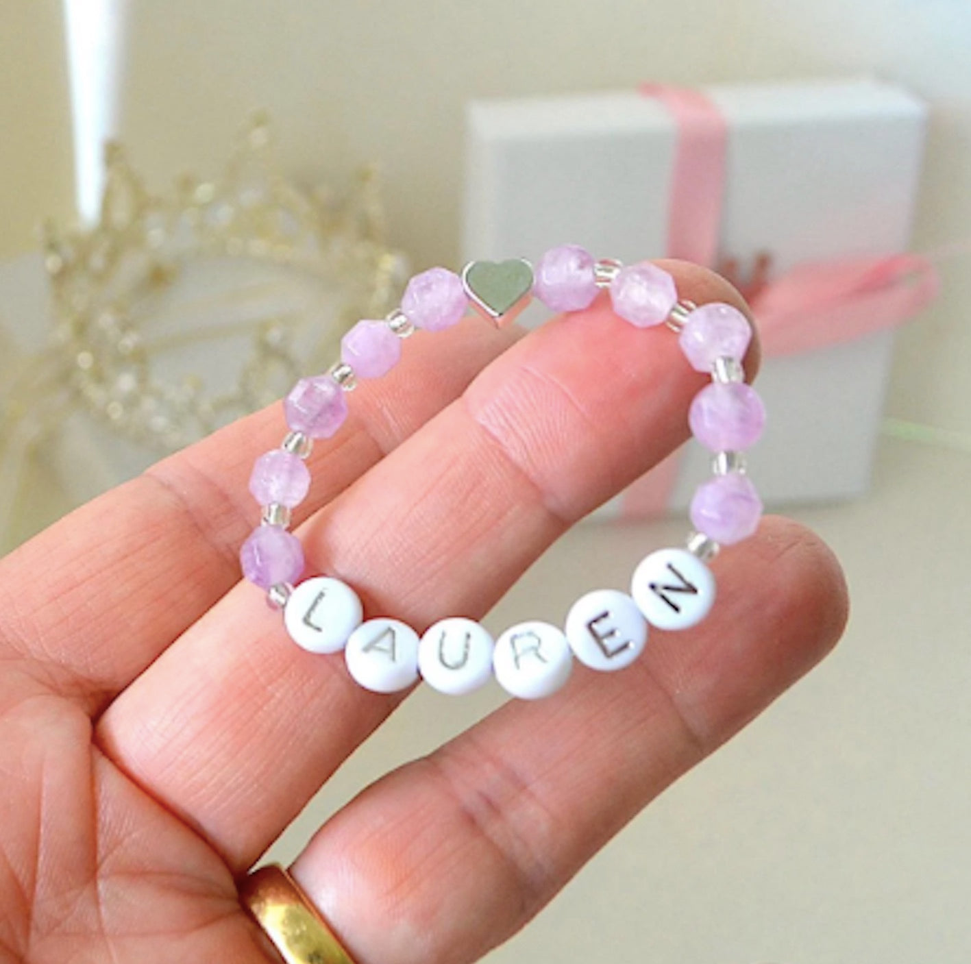 Personalized silver amethyst gemstone bracelet for baby, toddler, and teen girls