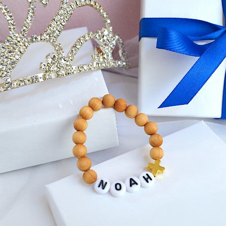 Vibrant Natural Sandalwood Gold Cross Bracelet