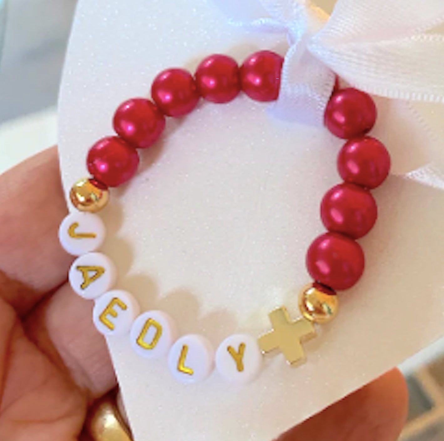 18K gold plated red pearl cross bracelet – personalized jewelry for babies, toddlers, and teens, perfect for baby showers, communion, or protection gift