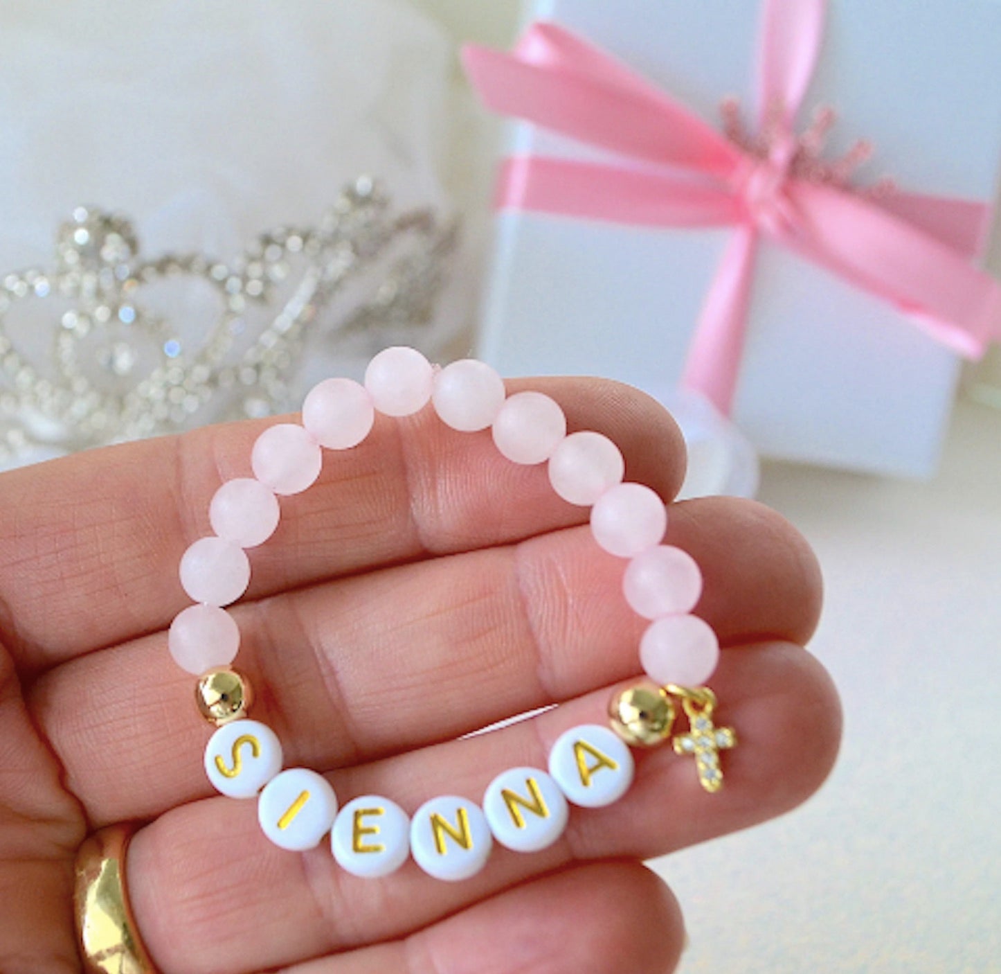 18K Gold Rhinestone Cross Rose Quartz Baby Bracelet – Personalized Girls Jewelry for Baptism, Christening or Baby Shower Gift