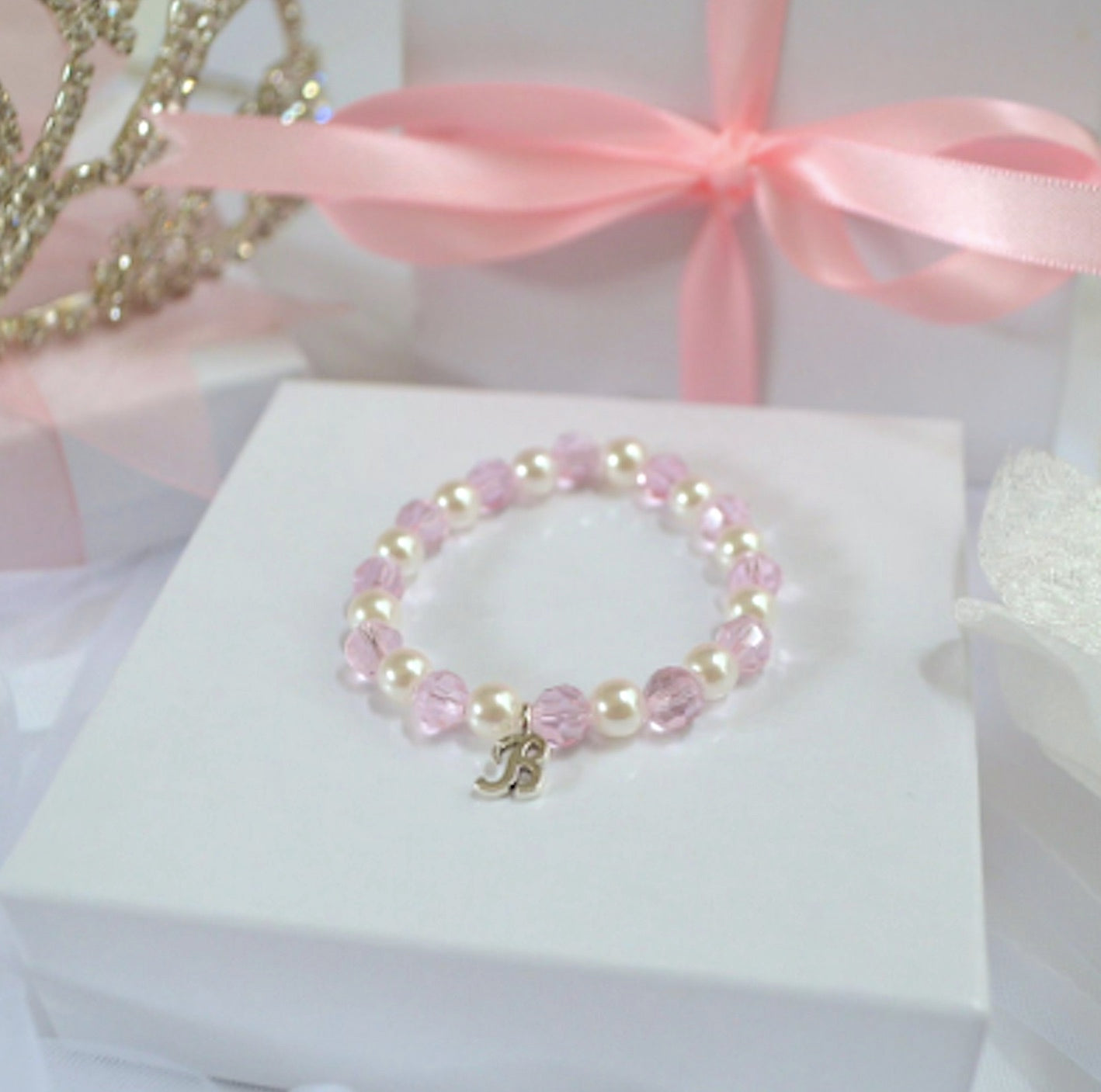 Pink Swarovski Crystal Pearl Baby Initial Bracelet