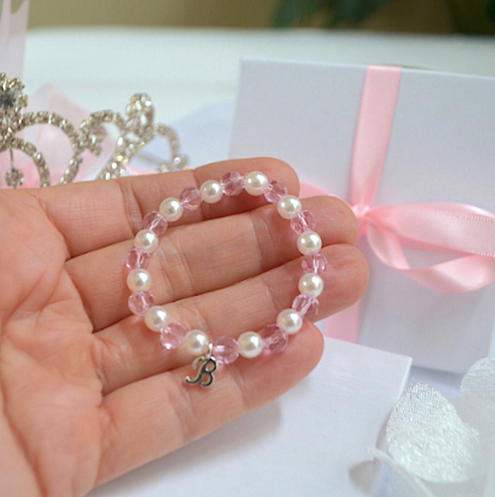 Pink Swarovski Crystal Pearl Baby Initial Bracelet