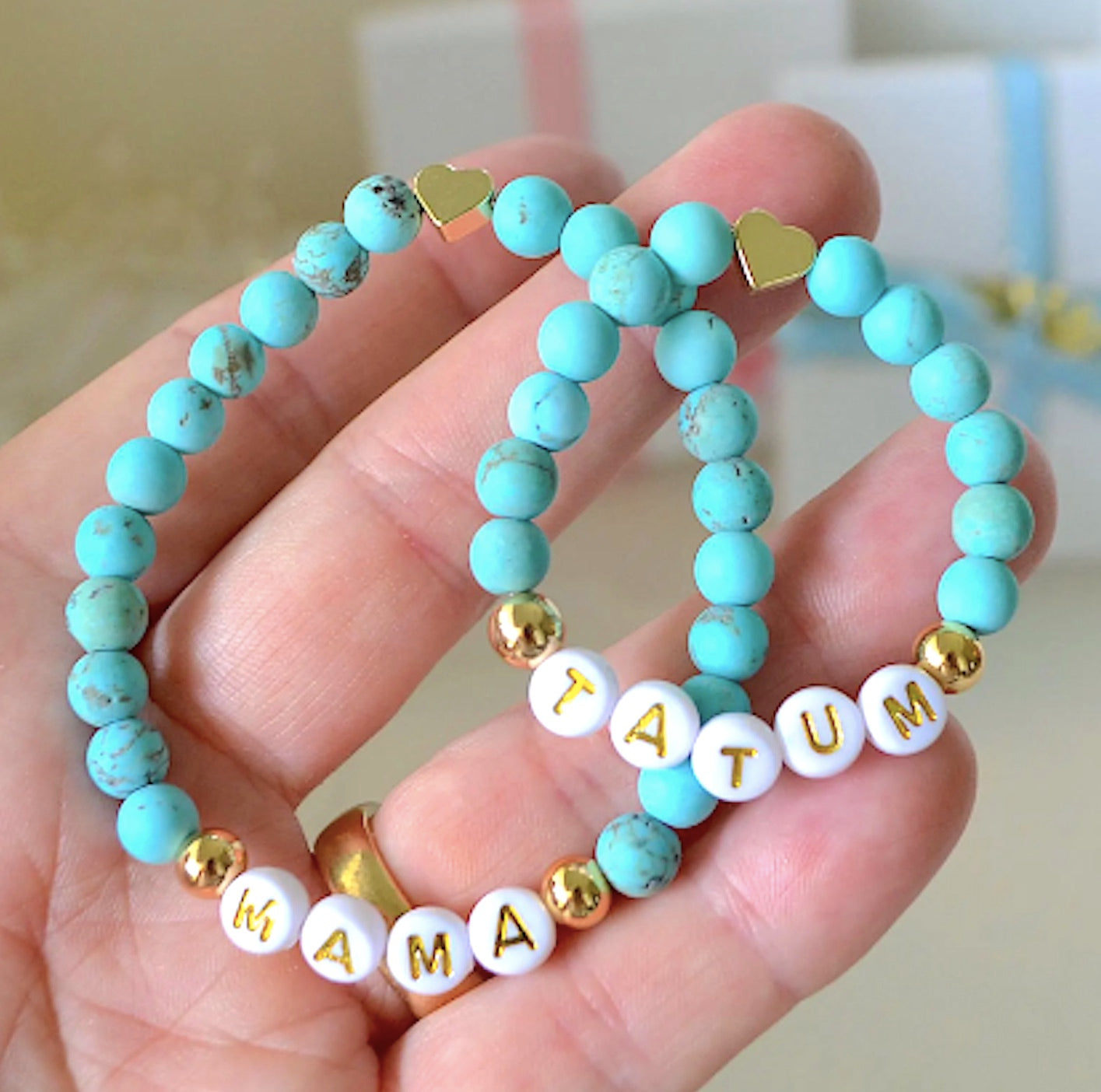 Turquoise Mama and Baby Personalized Bracelet Set – Matching Custom Name Bracelets for Mom and Baby – Perfect Gift