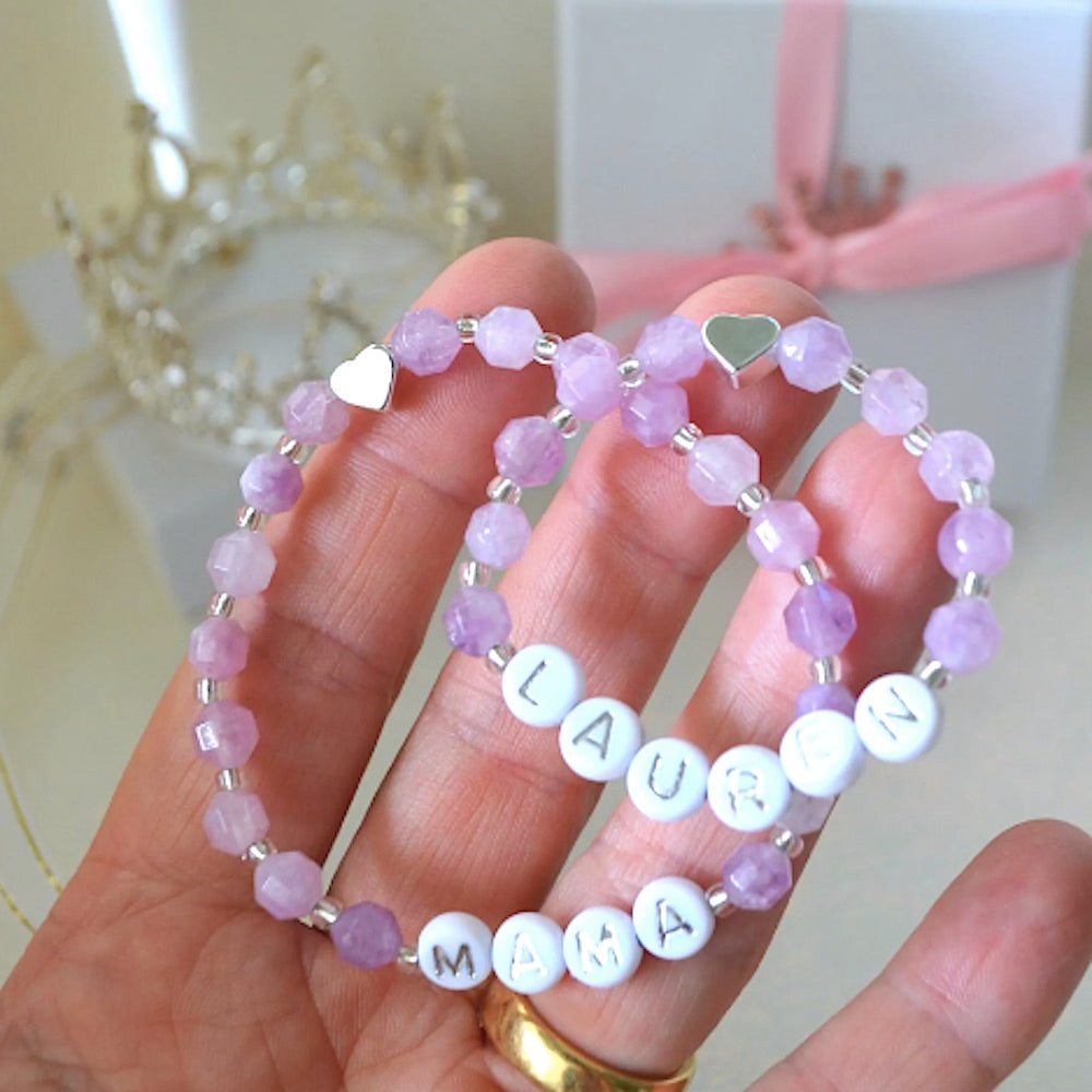 Unique Amethyst Mama & Daughter Bracelet Set with Silver Heart – Personalized Gift for Moms and Babies