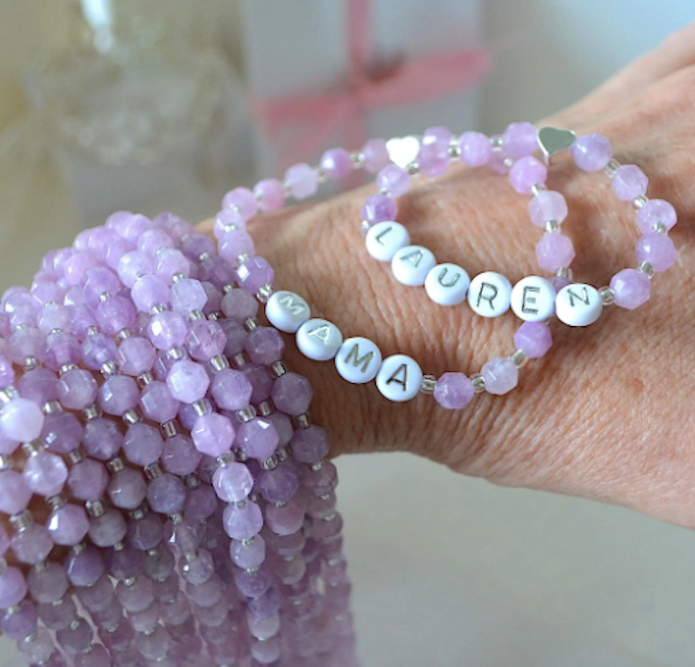 Unique Amethyst Mama & Daughter Bracelet Set with Silver Heart – Personalized Gift for Moms and Babies