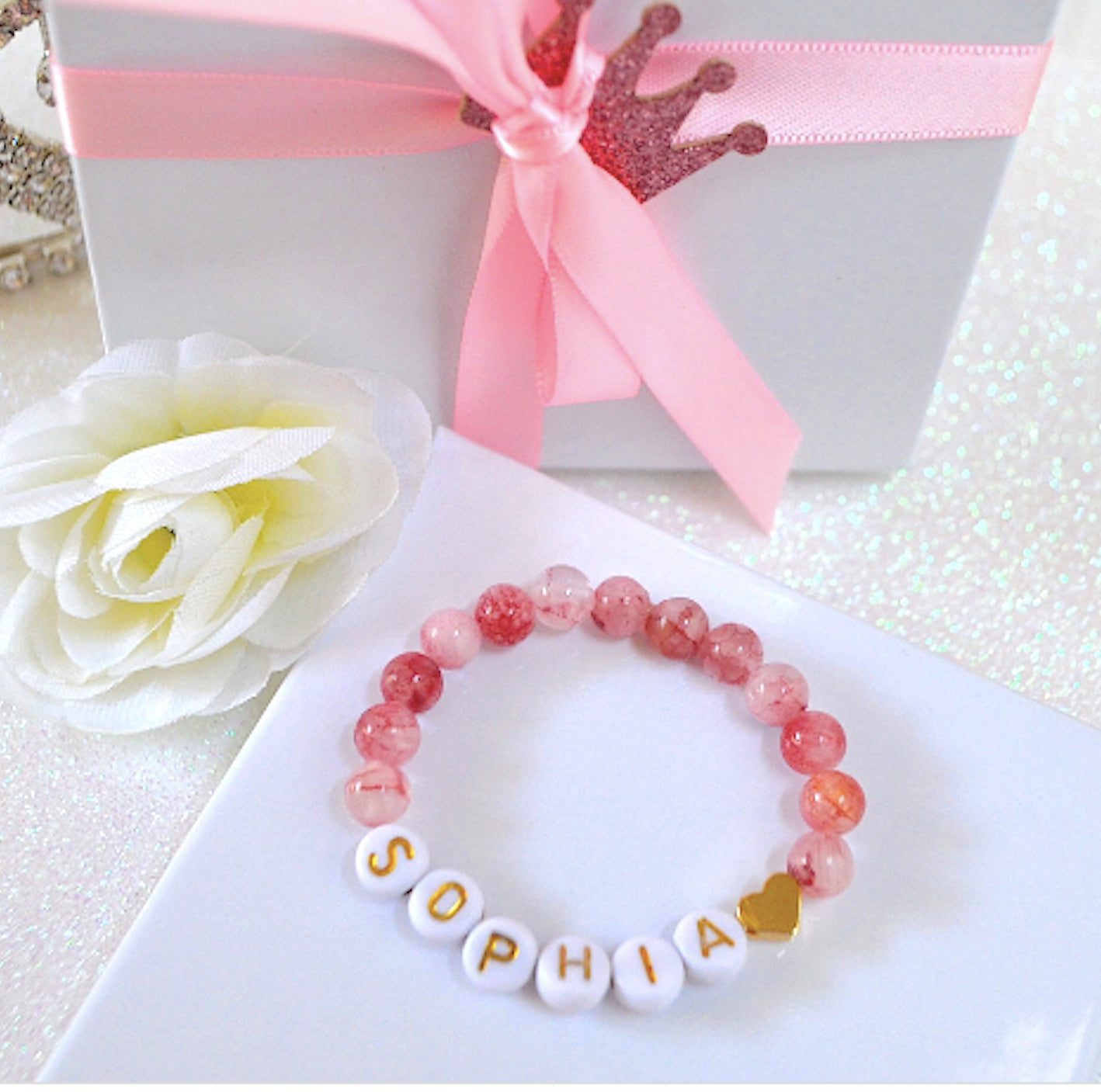 personalized pink jade gold heart bracelet for baby girls, perfect birthday or baby shower gift