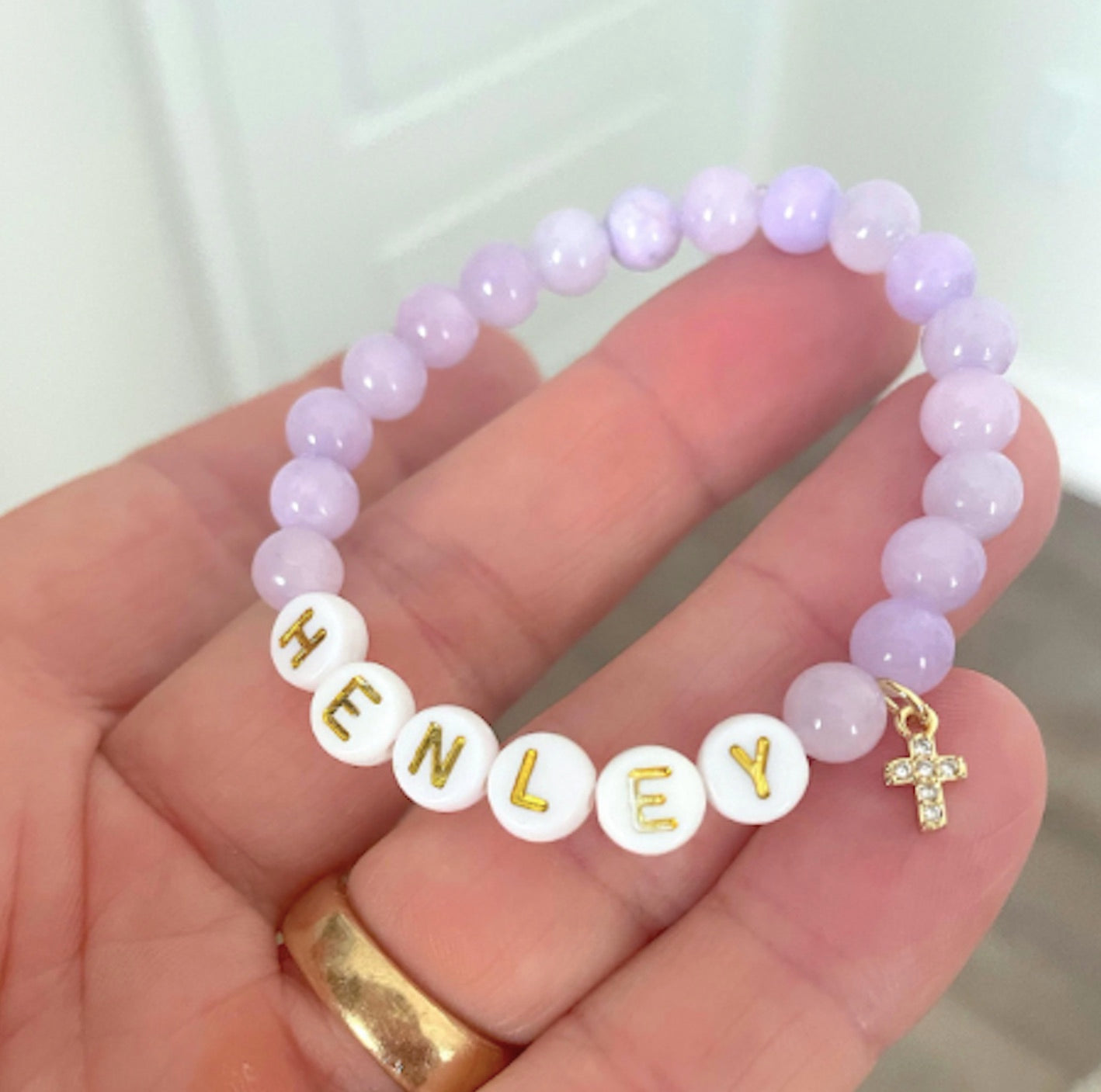 Personalized Purple Jade Cross Baby Bracelet – Custom Name Bracelet for Baby Girls – Baptism Gift