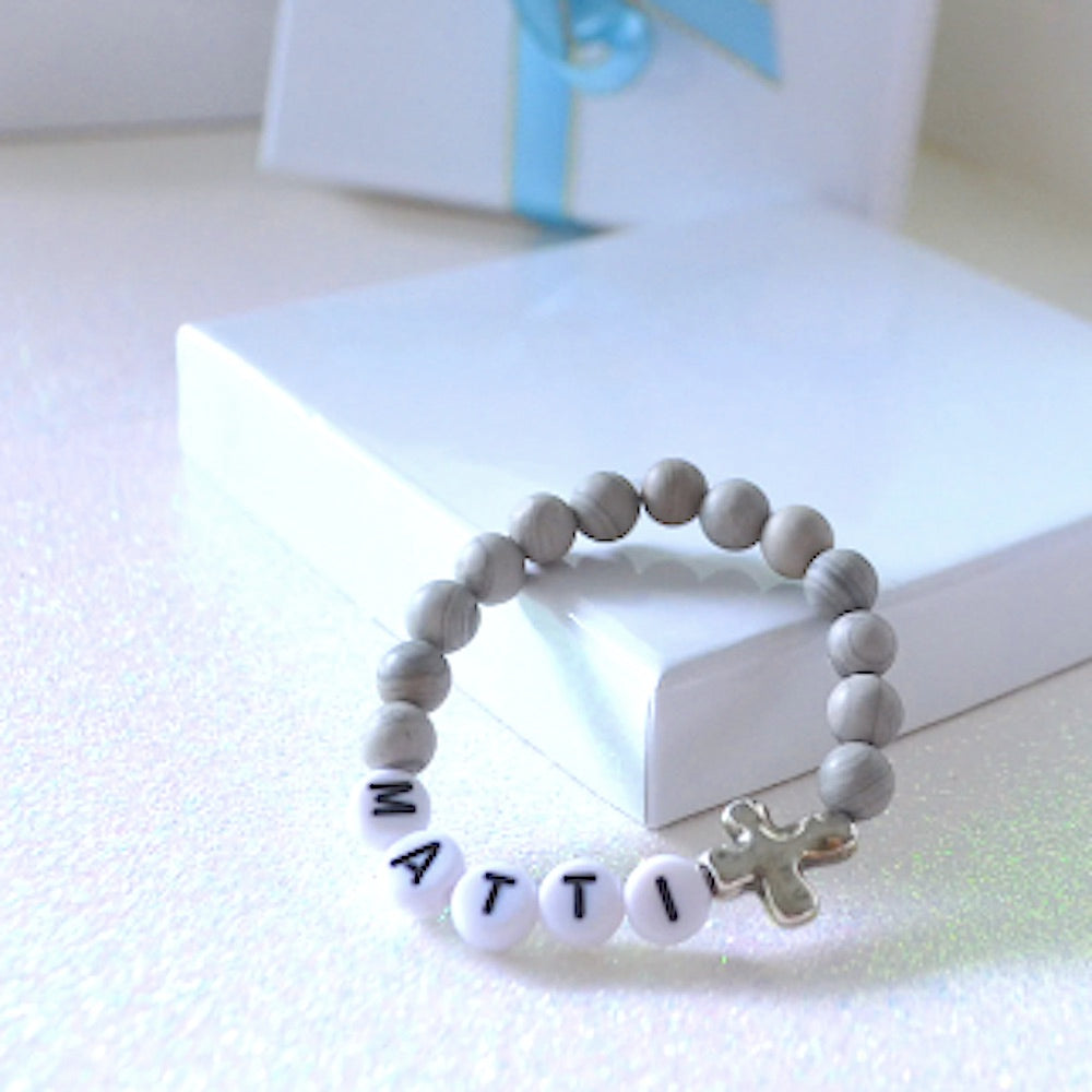 Zen Me More! Cute Grey Jasper Silver Cross Boys Bracelet