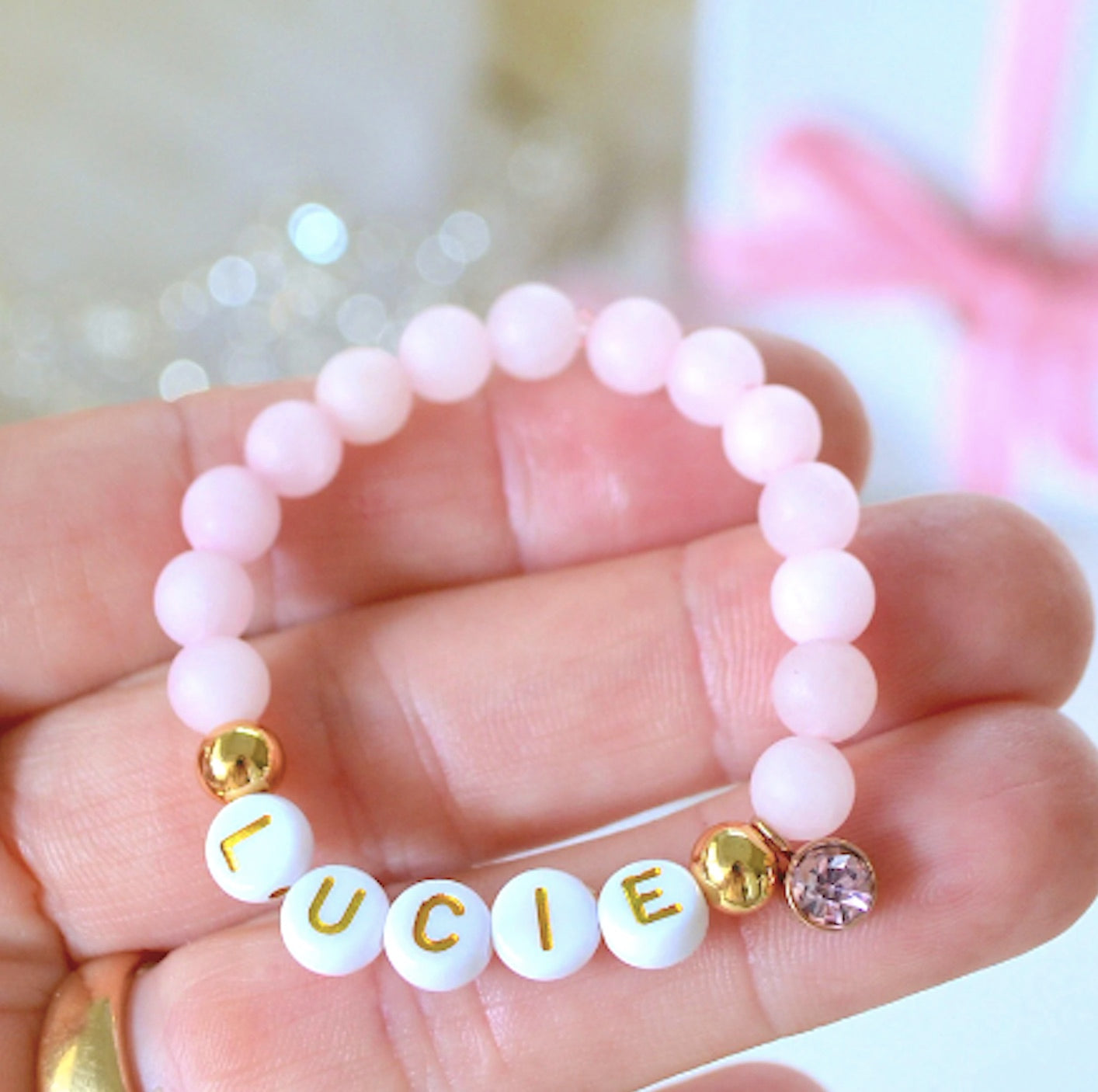 Personalized Unconditional Love pink rose quartz birthstone bracelet with 18K gold plated beads, handmade gemstone jewelry gift for women or girls.