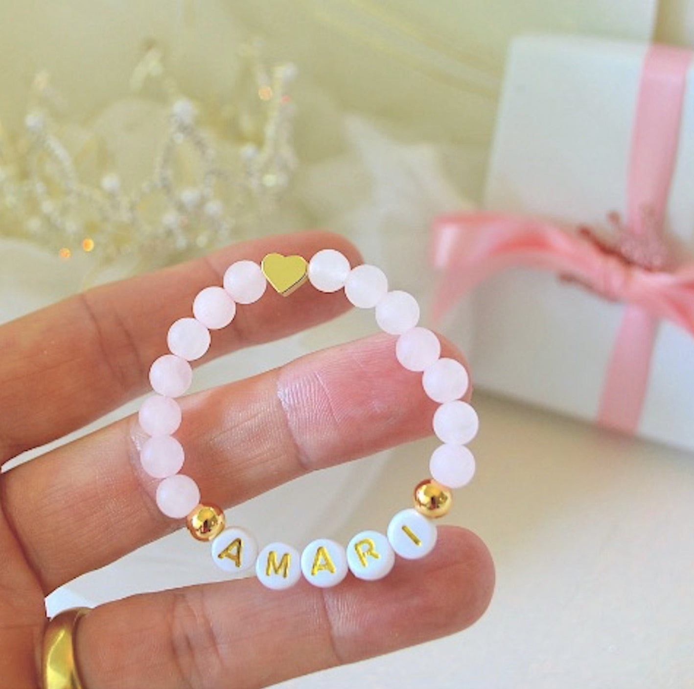 Dainty Gold Heart Rose Quartz Gemstone Bracelet