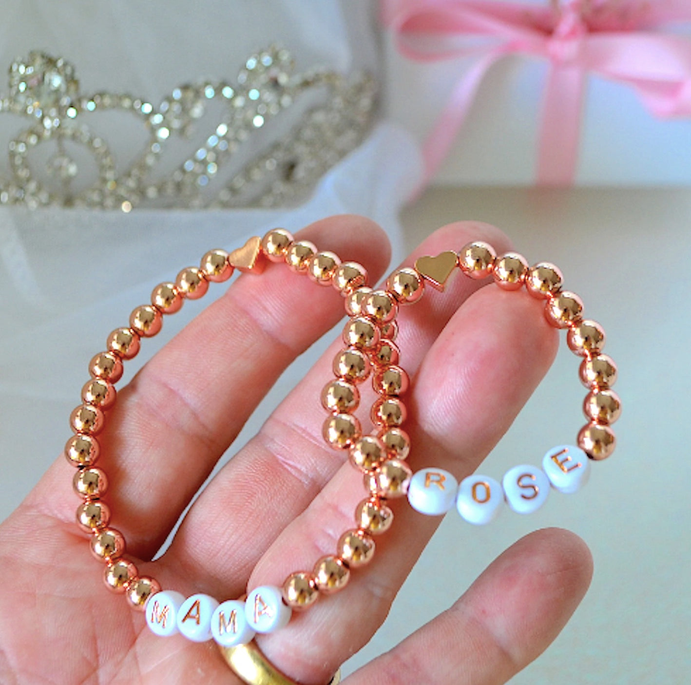 Rose Gold Mama and Baby Personalized Bracelet Set – Matching Custom Name Bracelets for Mom and Baby