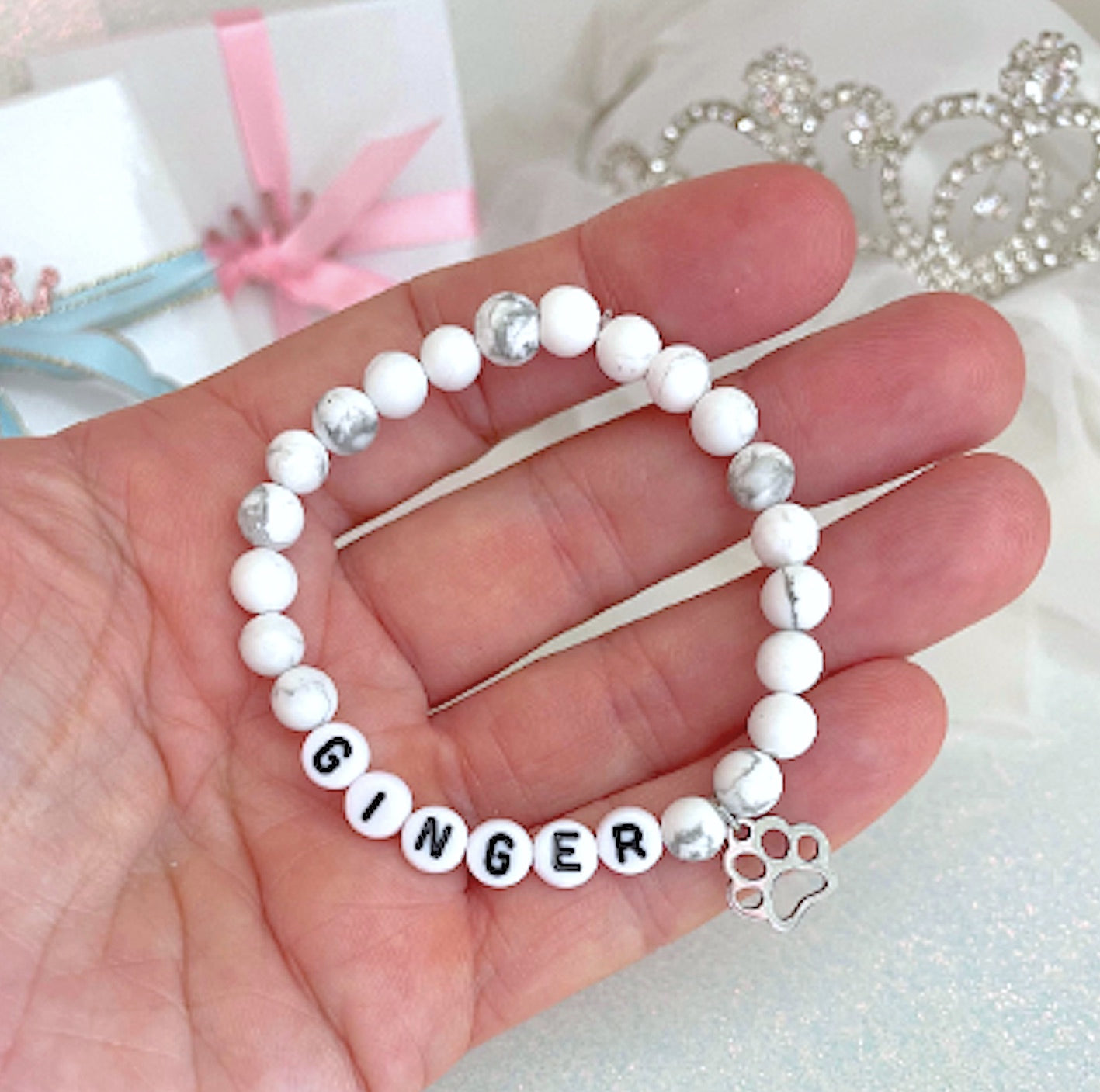 Unconditionally Love! Cutest Personalized Howlite Gemstone Dog Name or Pet Memorial Name Bracelet with Cute Pet Paw Charm