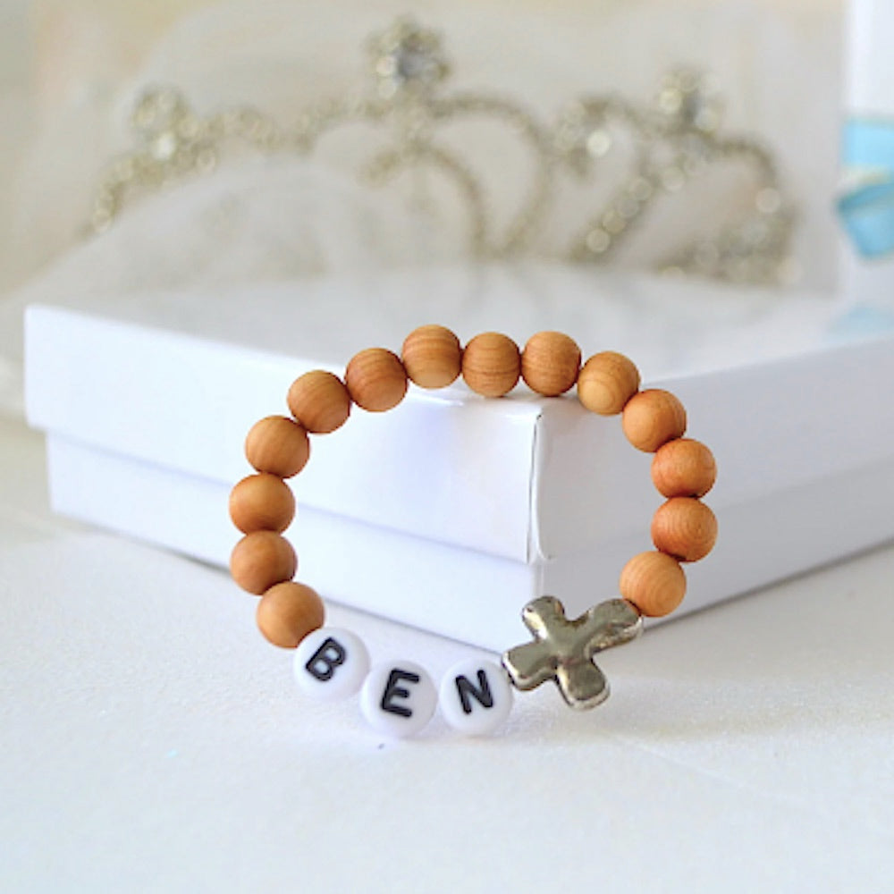 Vibrant Sandal Wood Silver Cross Bracelet For Girls or Boys