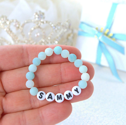 matte blue-green amazonite name bracelet, personalized baby bracelet for boys and girls – perfect gift for baby shower or special occasion