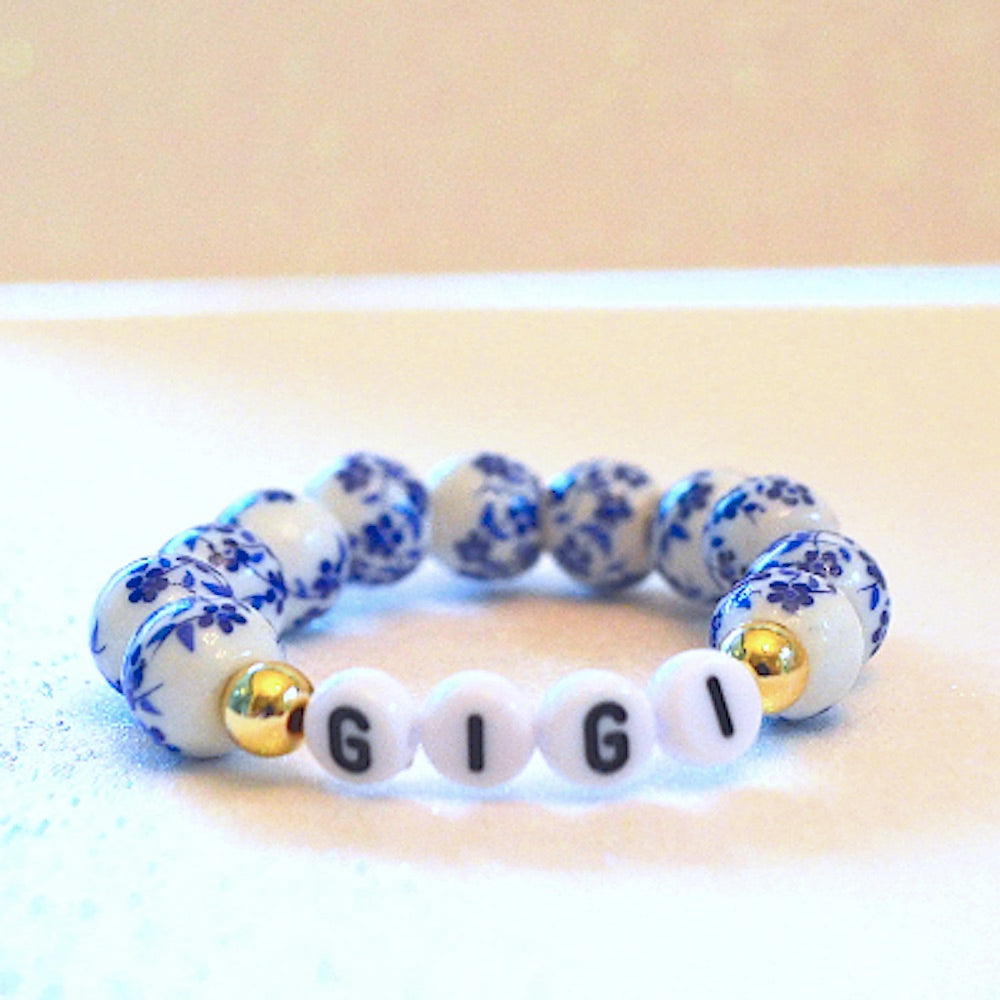 Unconditionally love, Blue Floral Porcelain Name Bracelet