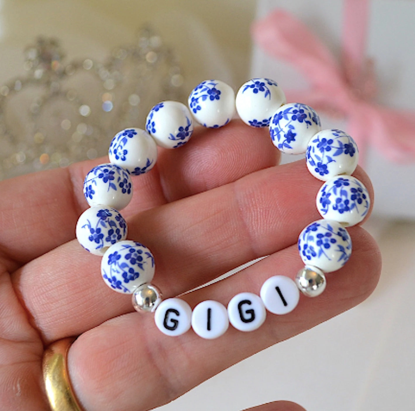 Blue Porcelain Flower Personalized Girls Bracelet – Custom Name ‘Gigi’ Beaded Bracelet – Baby Shower or Birthday Gift