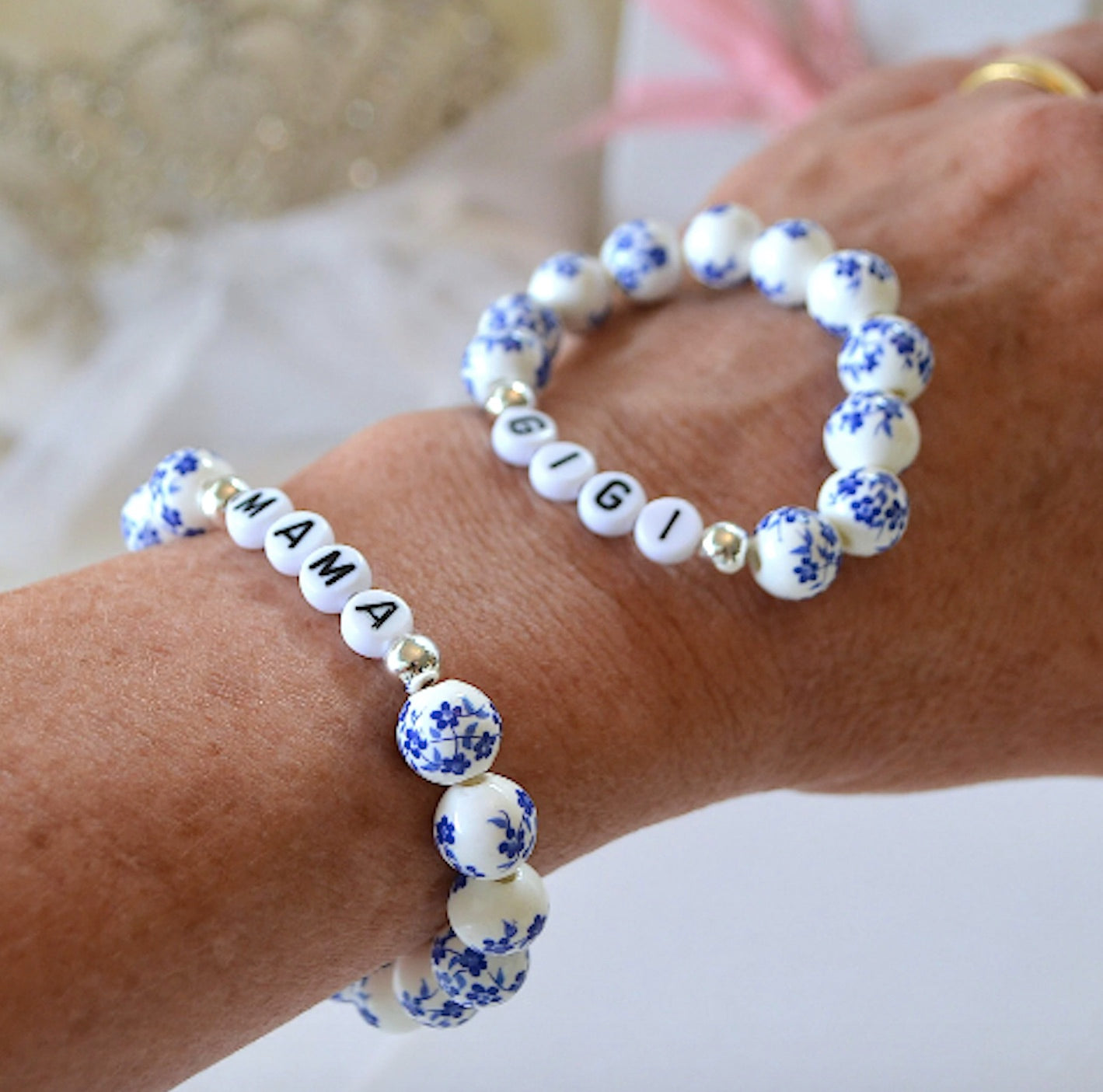 Bohemian Blue Mama and Baby Personalized Bracelet Set – Matching Porcelain Beaded Bracelets for Mom and Baby