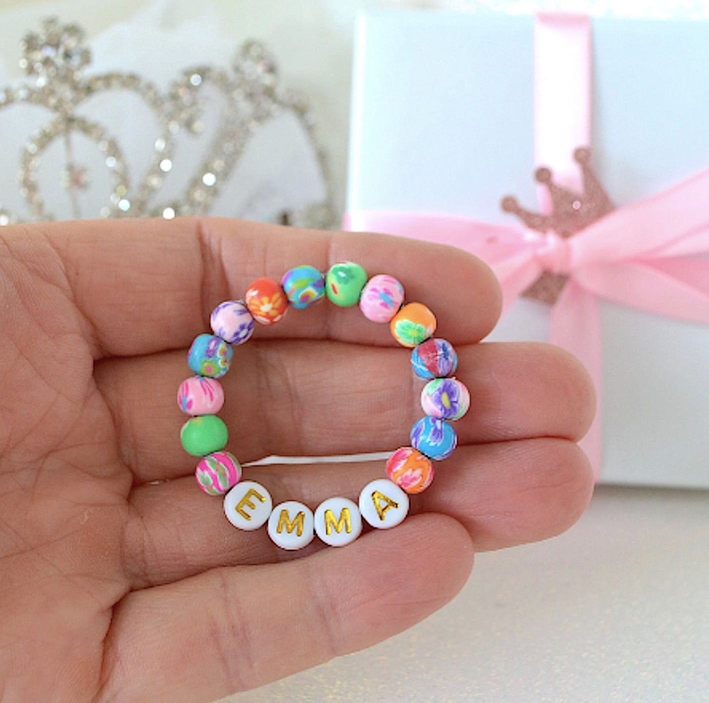Vibrant bright colored flower clay bracelet, personalized jewelry for baby girls and kids