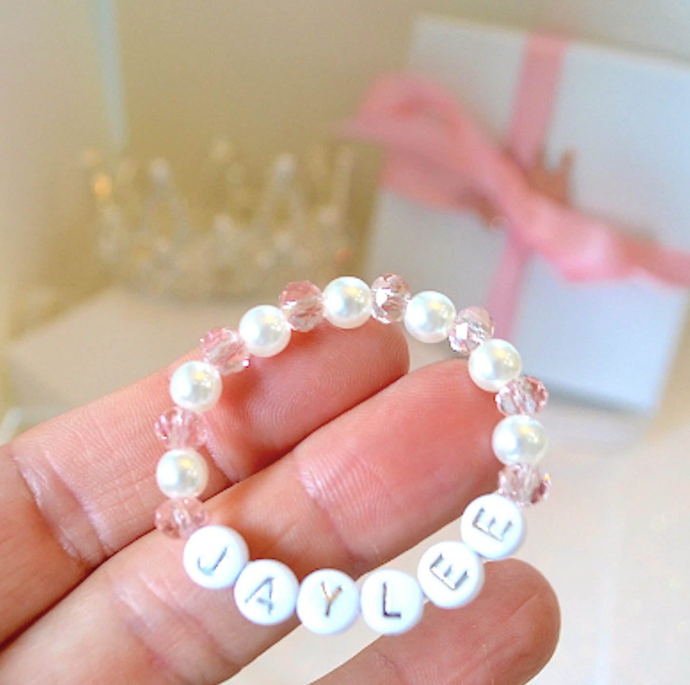 Crystal and Pearl Personalized Baby Girls Bracelet – Custom Name Beaded Bracelet – Baby Shower or Birthday Gift