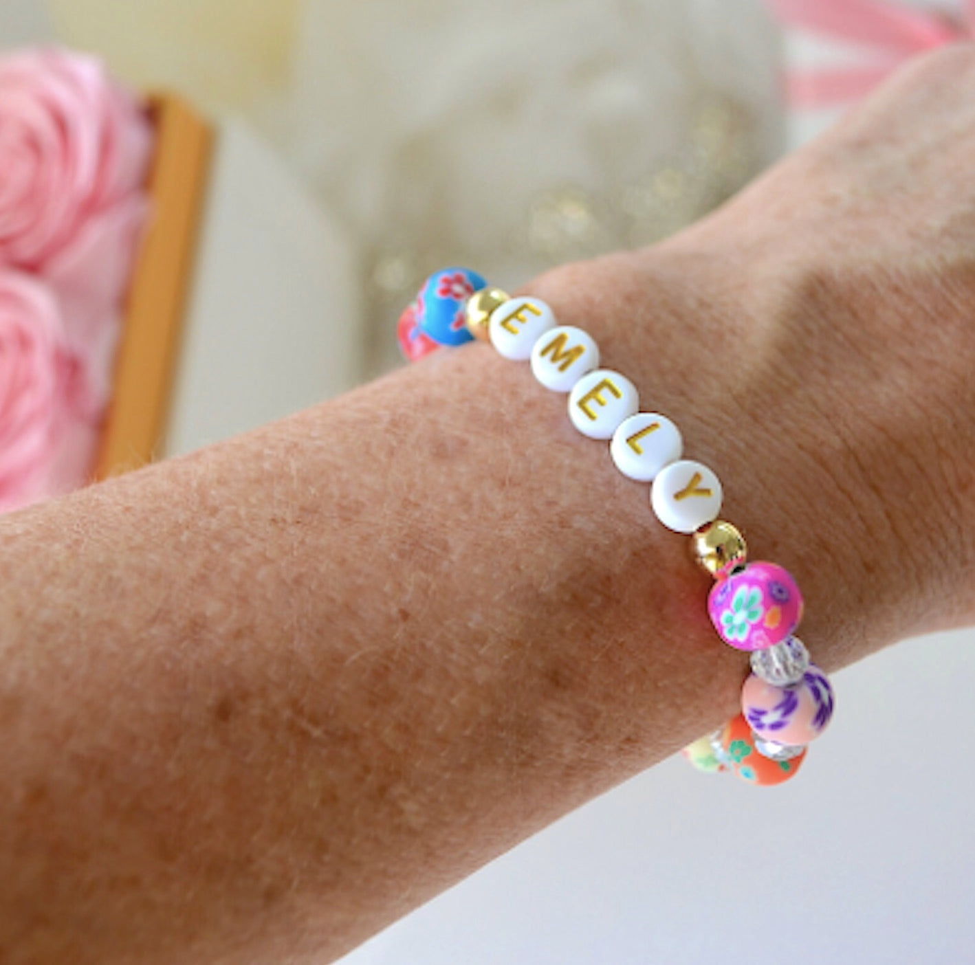 cute personalized sparkle flower clay bracelet – colorful beaded jewelry for toddlers, kids, and teens with 18K gold accent beads, perfect gift