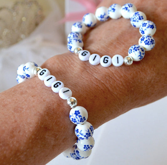 Floral Porcelain Mama and Baby Personalized Bracelet Gift Set – Matching Custom Name Bracelets for Mom and Baby – Baby Shower or Baptism Gift