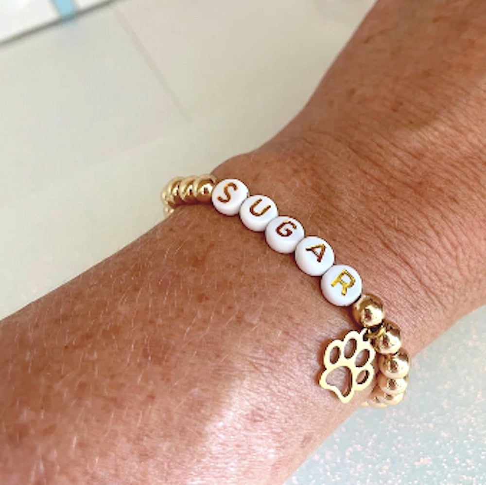 Gold Beaded Personalized Bracelet with Gold Paw Charm – Custom Name Bracelet for Babies, Kids, and Adults
