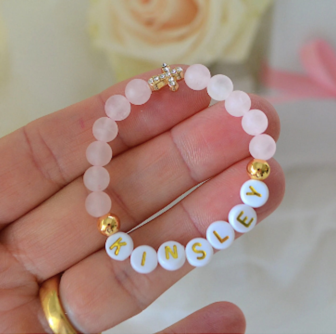 Personalized gold cross rose quartz gemstone bracelet for baby girls