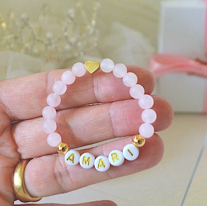 gold heart rose quartz gemstone personalized baby bracelet