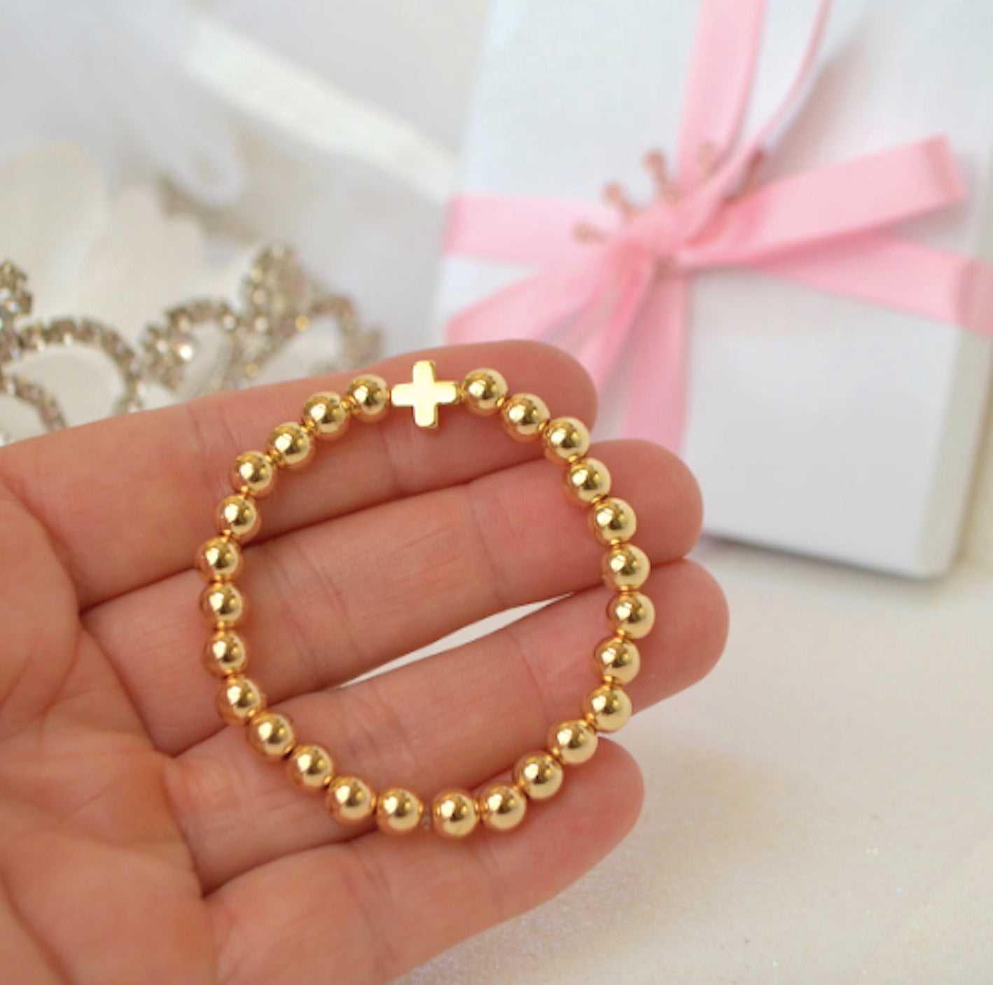 Gold Beaded Gold Cross Baby Bracelet – Personalized Name Bracelet for Baby Boys and Girls – Baptism Gift