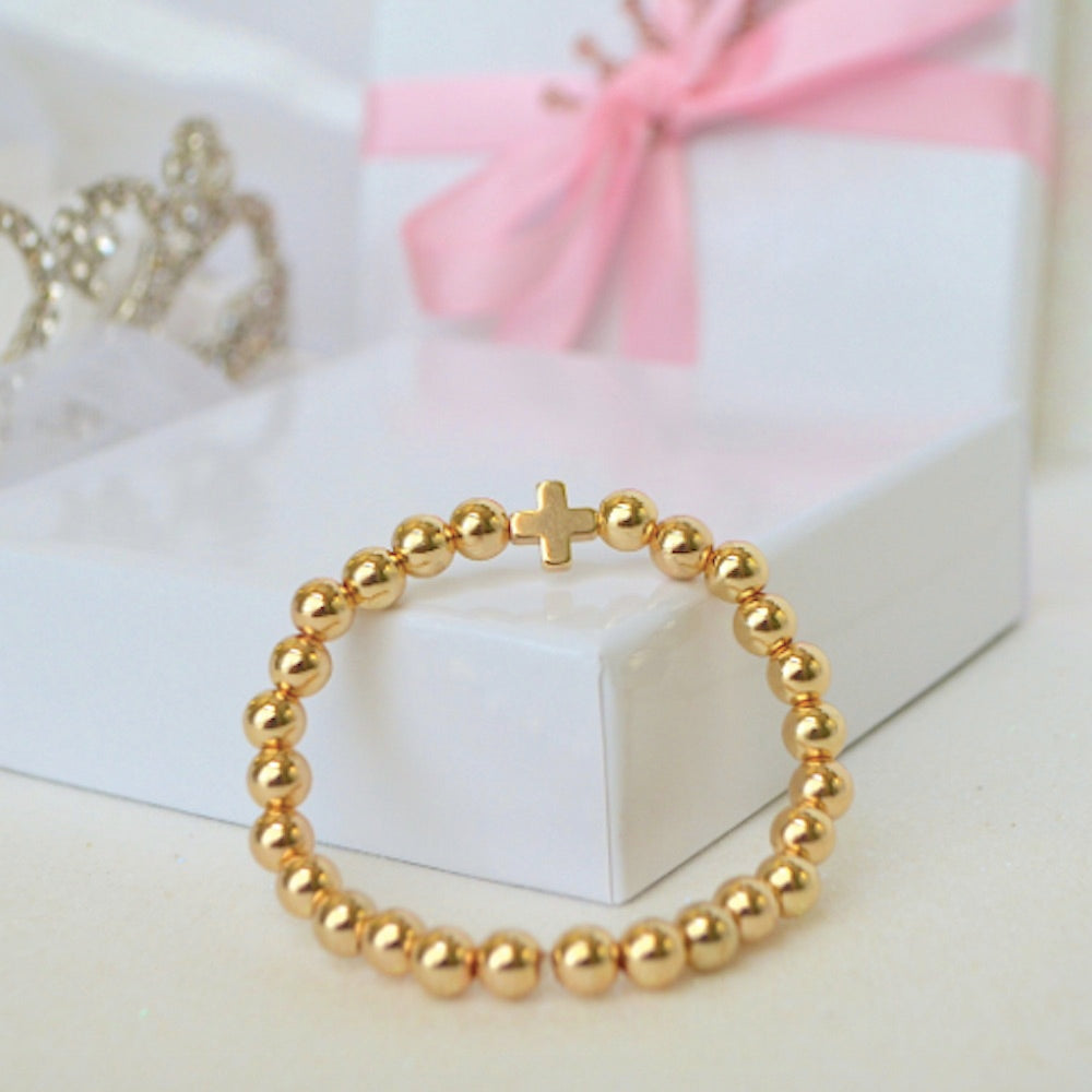 Very Cute Gold Beaded Boys or Girls Personalized Cross Bracelet