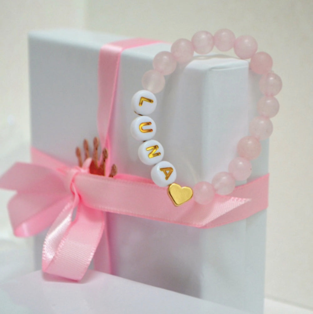 Unique Adorable Rose Quartz Gemstone Gold Heart Bracelet