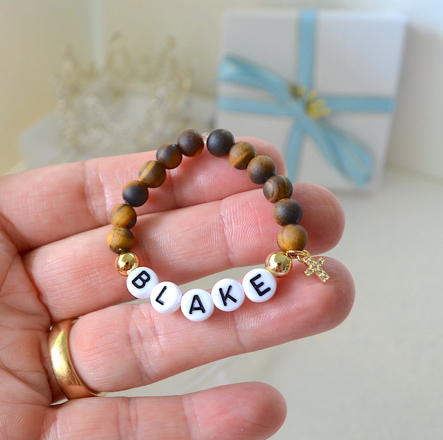 Unconditional Love! Tiger Eye Baby Boy Cross Bracelet With A Gold Accent