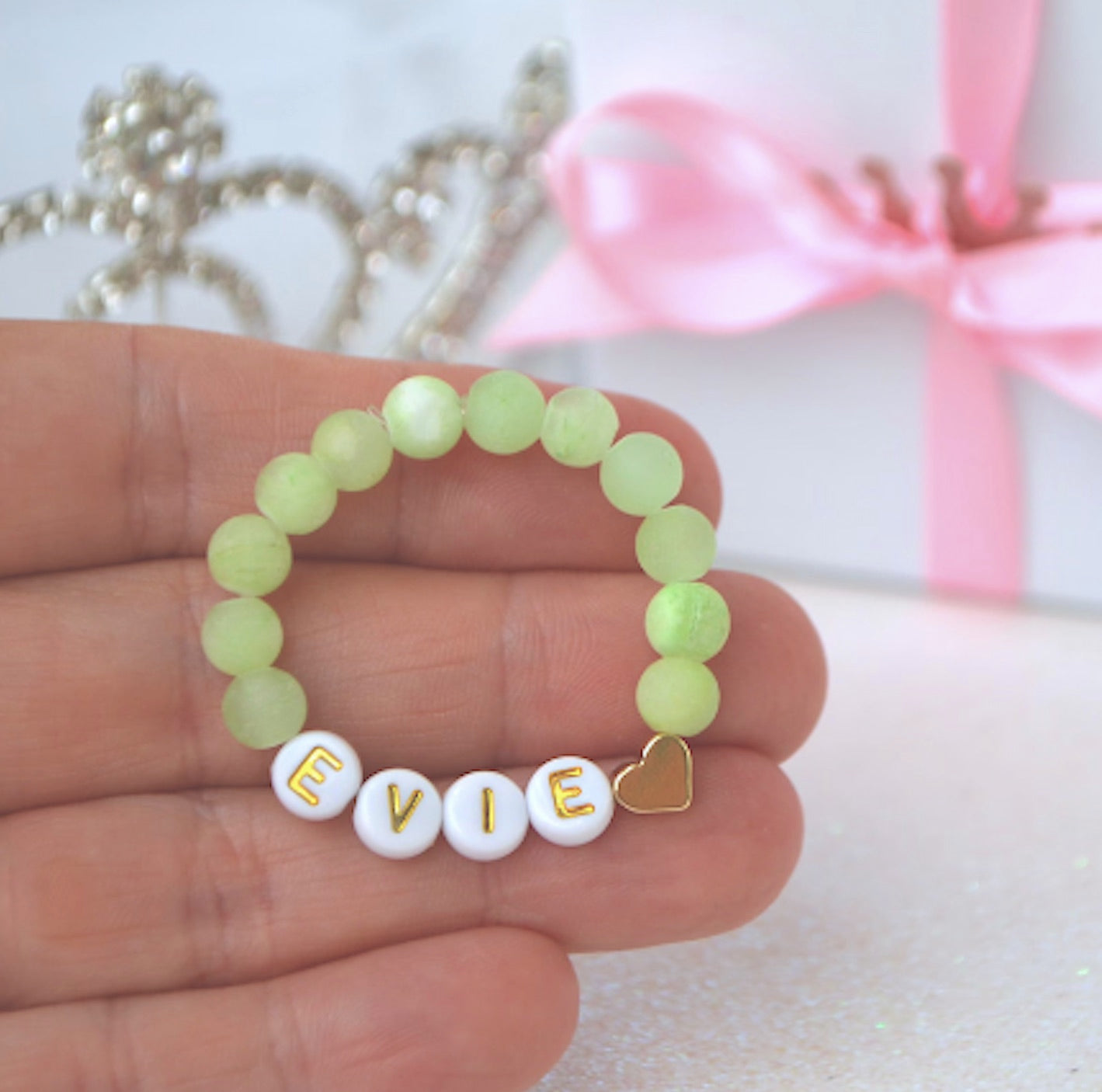 Green jade gemstone personalized bracelet with gold heart accent for baby or girls, handmade jewelry perfect for birthdays or baby shower gifts