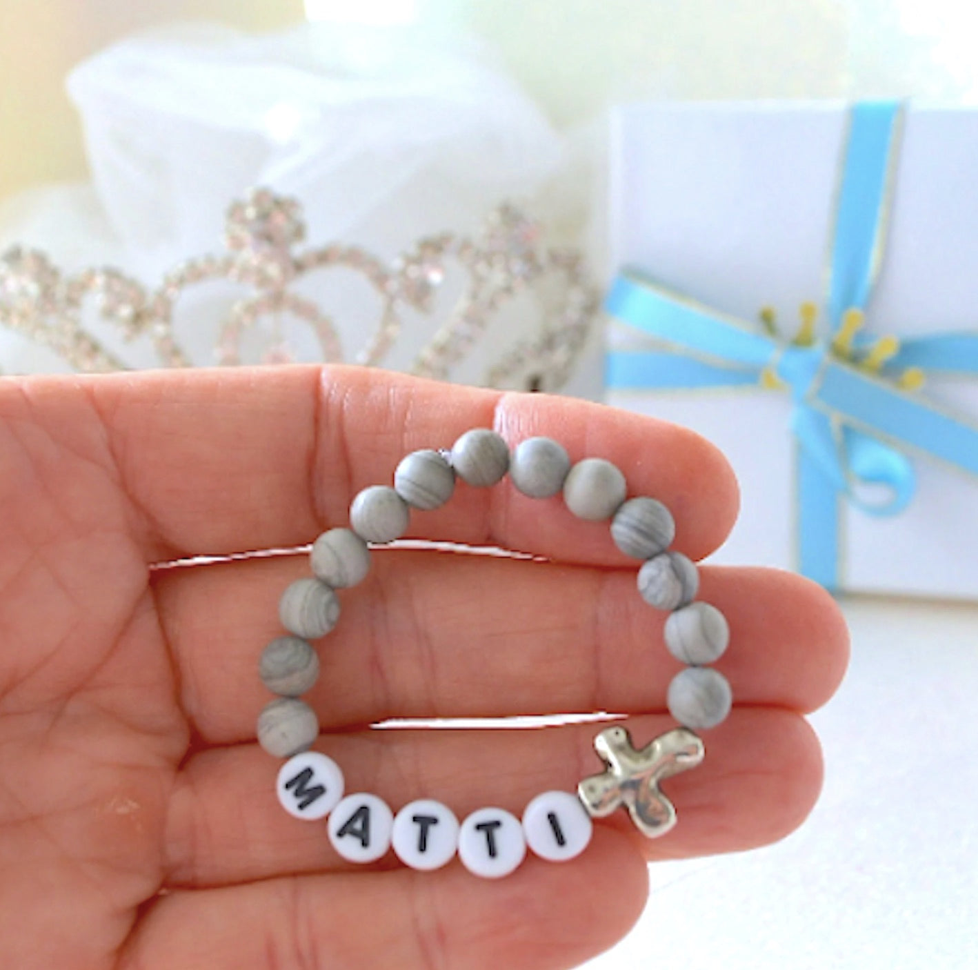Grey Jasper Personalized Silver Cross Baby Boys Bracelet – Custom Name Gemstone Bracelet – Baby Shower, Baptism, or Birthday Gift