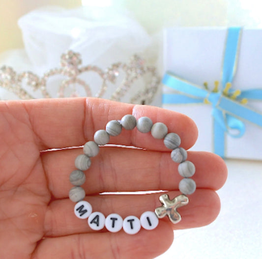 Zen Me More! Cute Grey Jasper Silver Cross Boys Bracelet