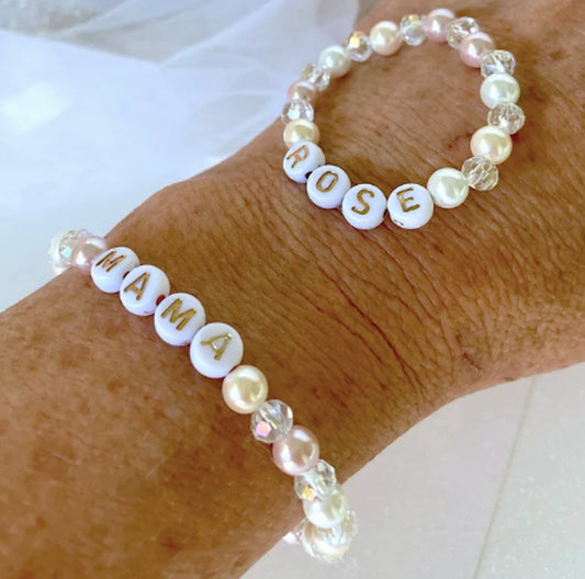 Matching mama and me soft pink, ivory, and crystal pearl bracelet set, personalized jewelry for moms and daughters, sentimental gift